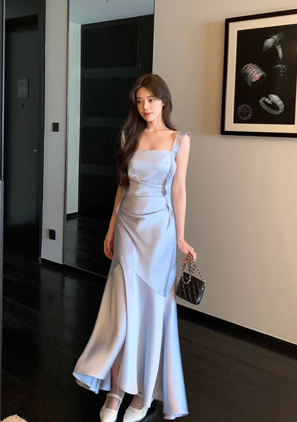 Gentle Blue Mermaid Straps Satin Prom Dress Formal Dress Evening Dress DP3452