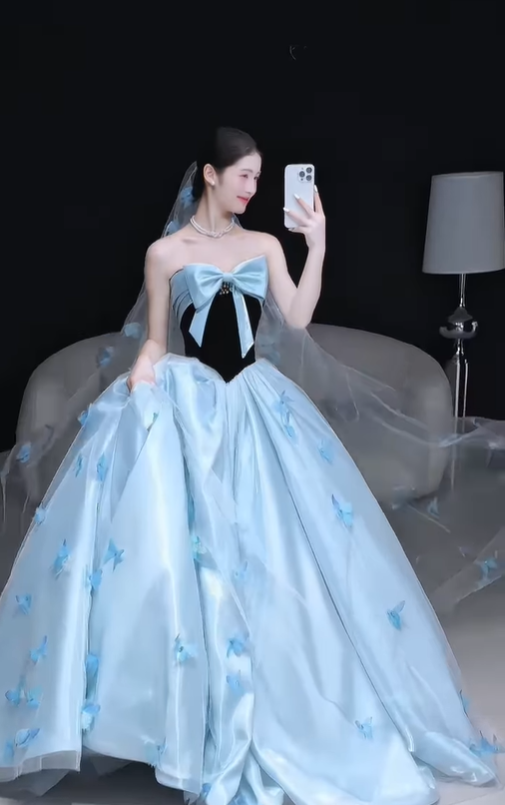 Princess Ball Gown Bow Butterfly Blue Tulle Satin Long Prom Dress DP4646