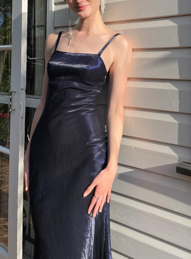 Simple Sheath Spaghetti Strap Navy Blue Satin Long Prom Dress Graduation Prom Dress DP2203