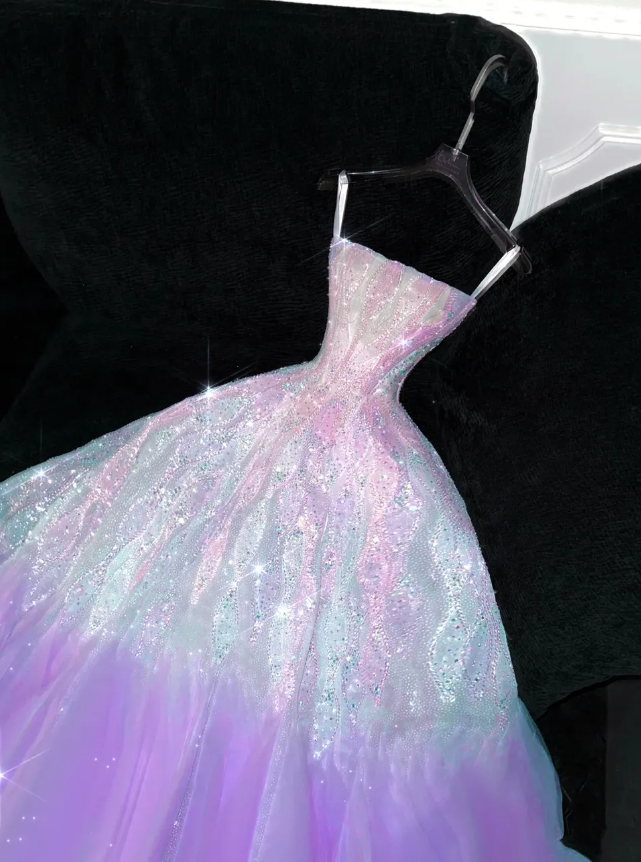 Dreamy Purple Ombre A Line Strapless Beaded Tulle Prom Dress Birthday Dress Party Dress DP3088