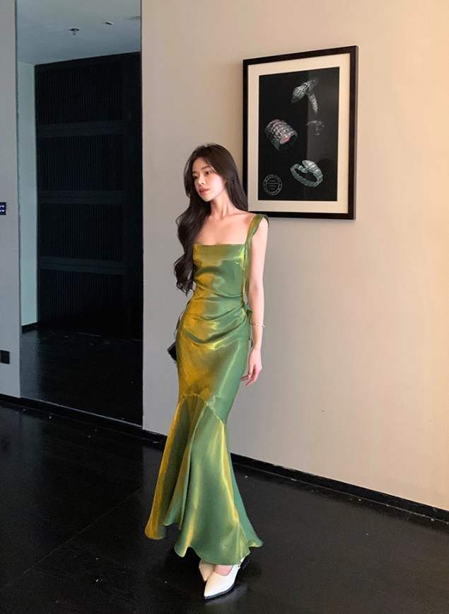 Shiny Green Mermaid Straps Satin Prom Dress Formal Dress Evening Dress DP3454
