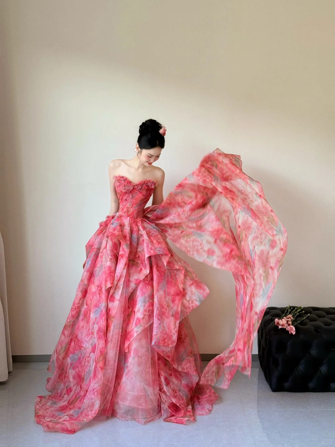 Pink A Line Sweetheart Neck Print Floral Chiffon Long Prom Dress Evening Dress DP1967