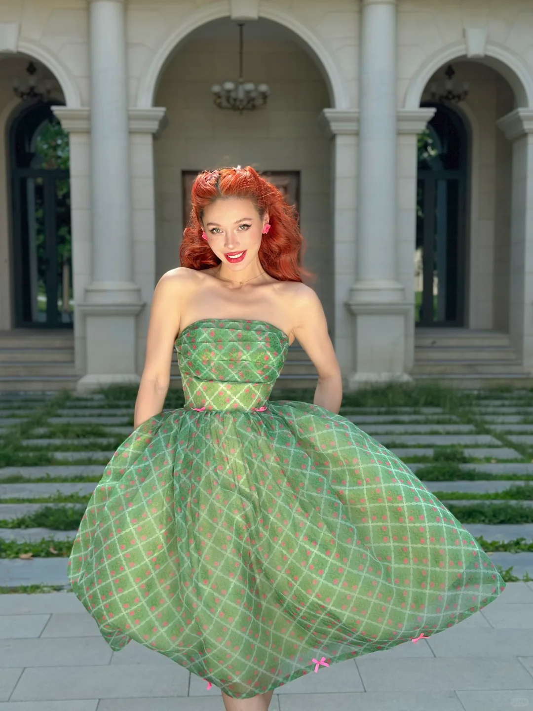 Vintage Ball Gown Strapless Green Plaid Chiffon Party Dress Homecoming Dress DP3732