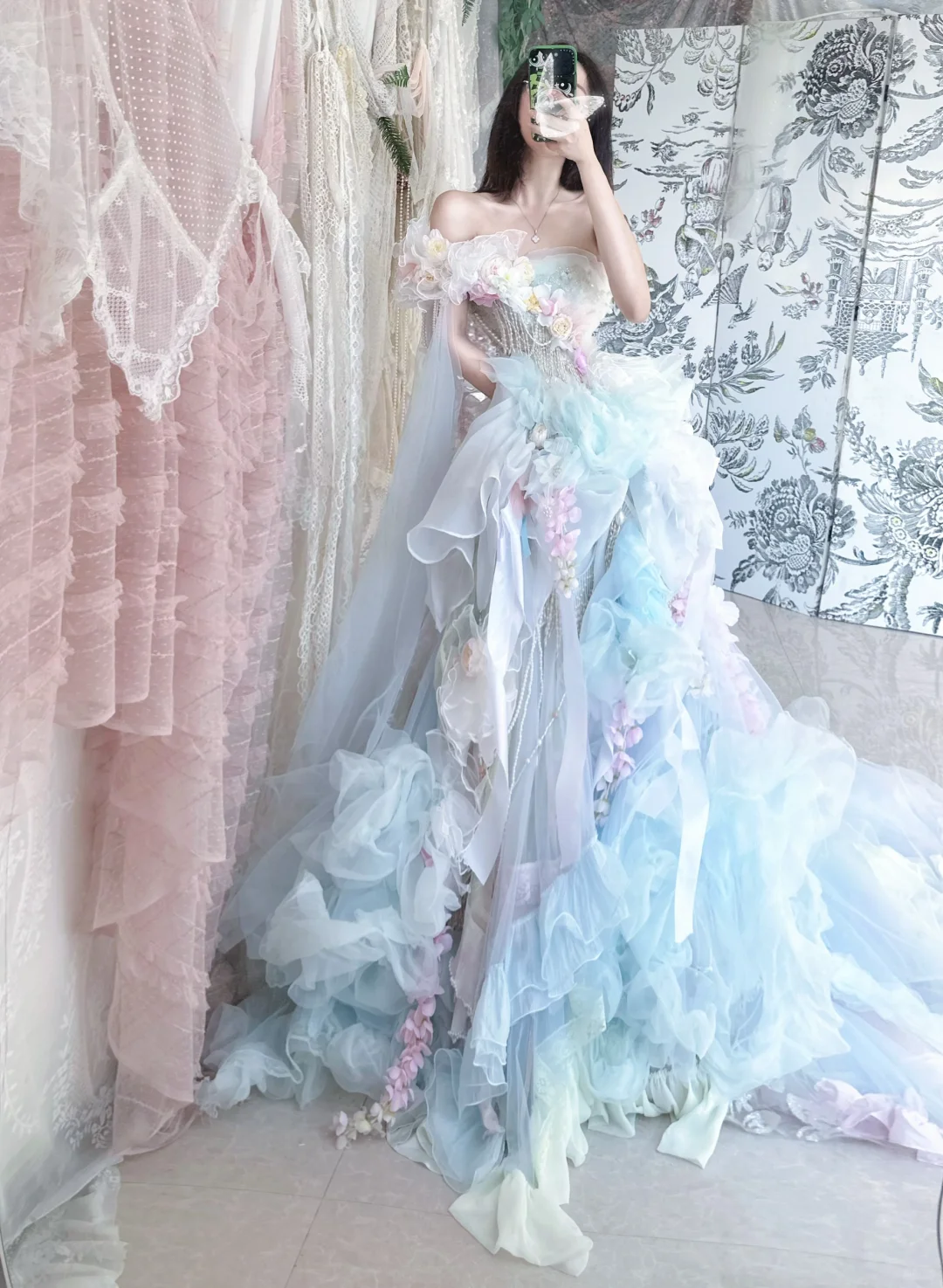 Blue Ball Gown Strapless Floral Beaded Organza Prom Dress 16th Birthday Dress DP3798