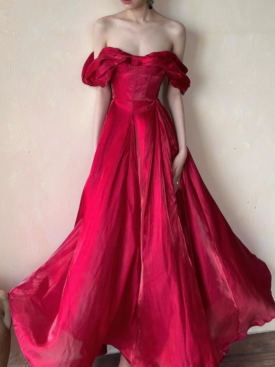 Stunning Burgundy A Line Off the Shoulder Satin Long Prom Dress Party Dress Outfits DP4523