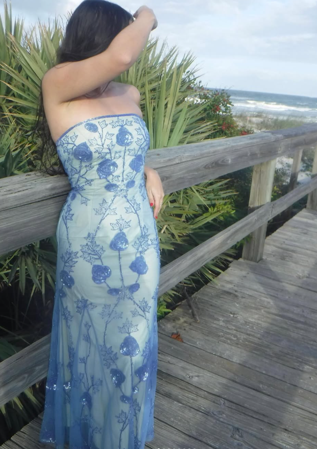 Vintage Sheath Strapless Beaded Appliques Blue Chiffon Satin Prom Dress Evening Dress DP2231