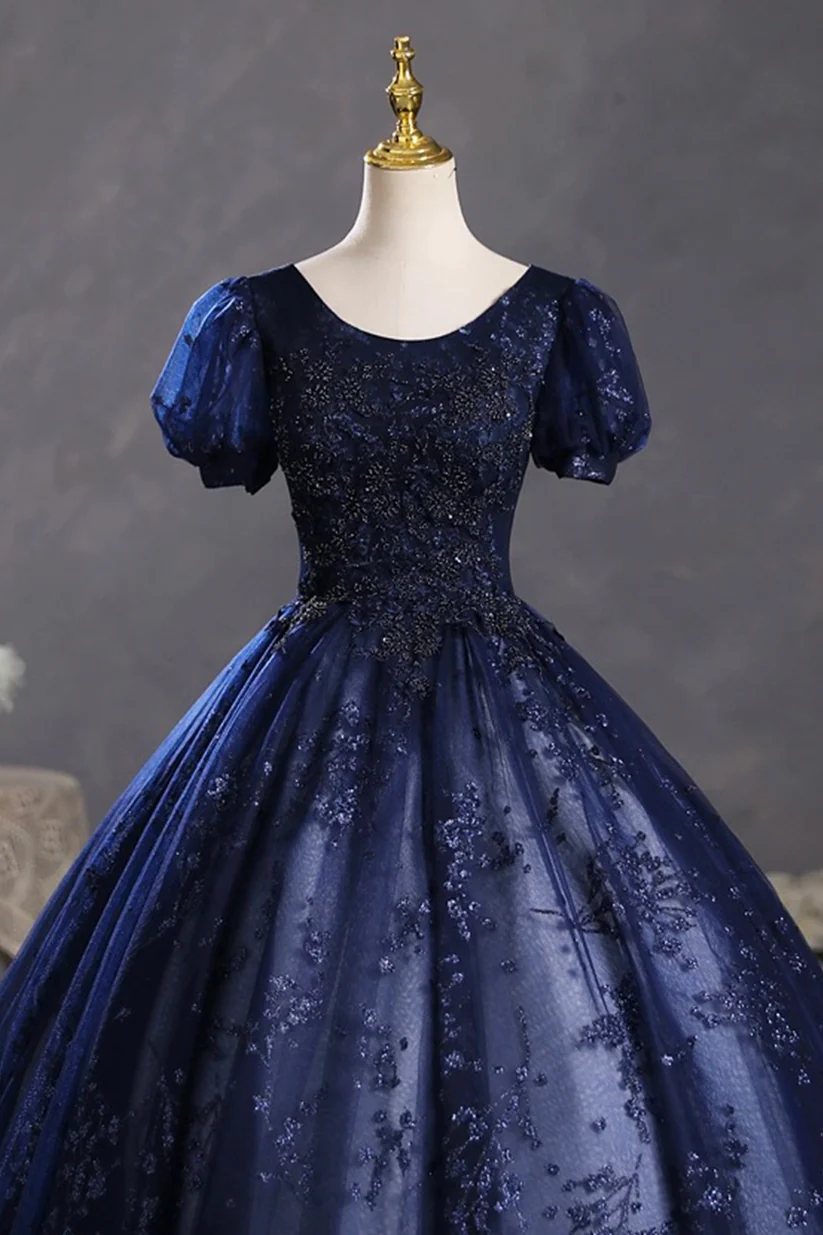 Navy Blue Appliques Beaded Long Prom Dress Evening Party Dress Ball Gown DP489