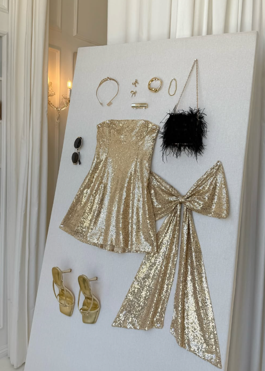 Golden A Line Strapless Sequin Mini Homecoming Dress Cocktail Dress with Bow DP3572