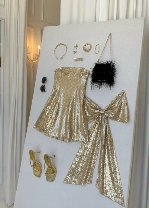 Golden A Line Strapless Sequin Mini Homecoming Dress Cocktail Dress with Bow DP6409