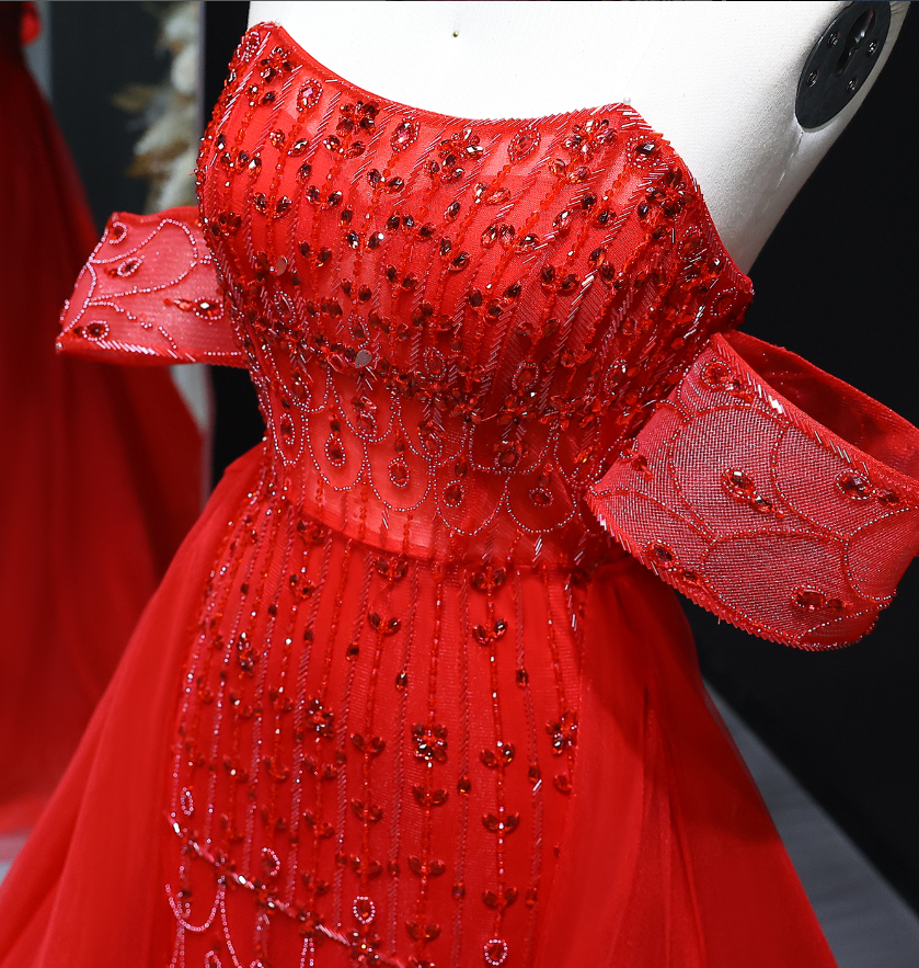 Charming A Line Off the Shoulder Beaded Tulle Prom Dress Evening Dress DP1921
