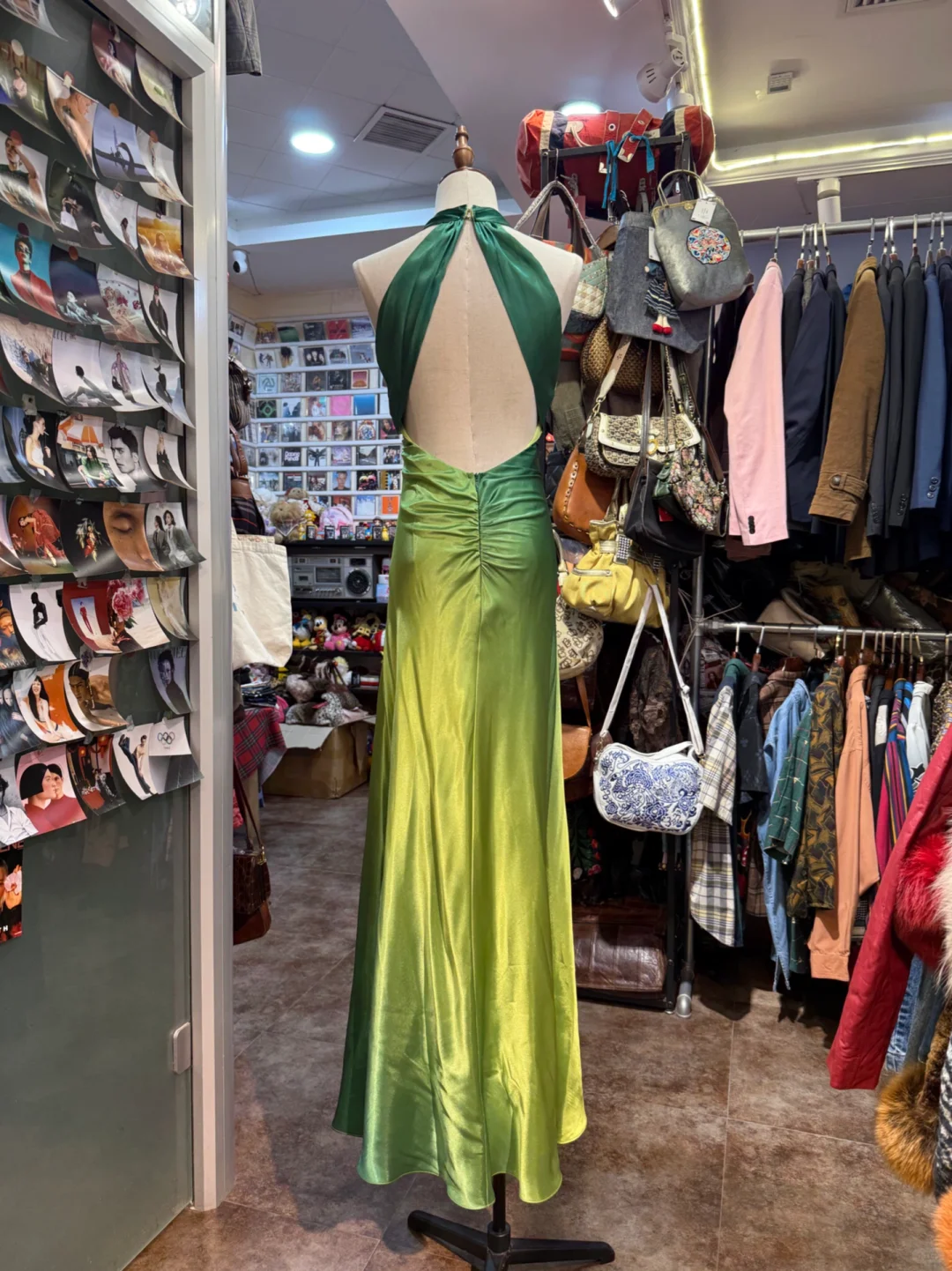 Vintage Green Ombre A Line Halter Satin Prom Dress Evening Dress DP3700