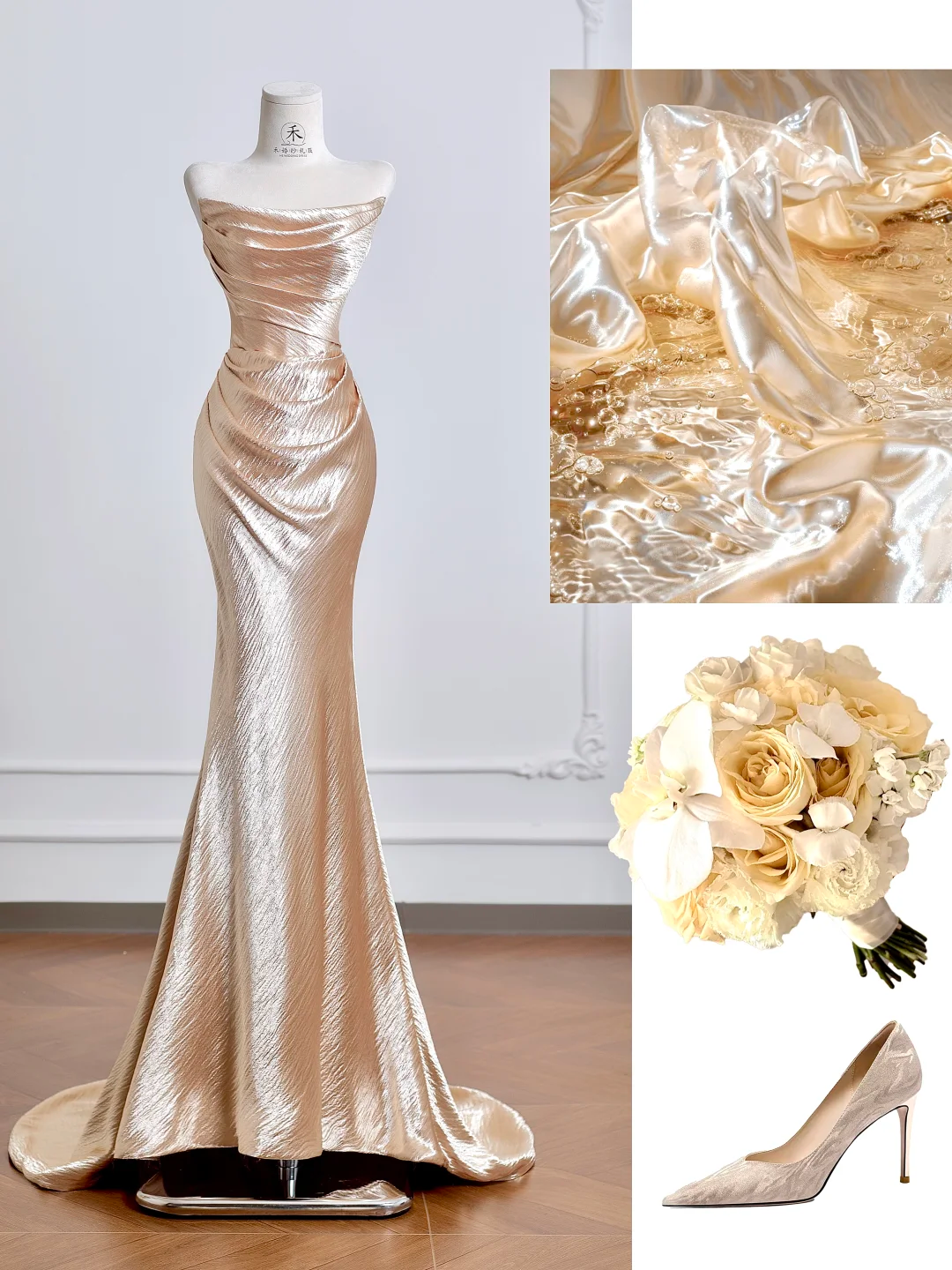 Classy Mermaid Strapless Pleated Golden Satin Long Prom Dresses DP4182
