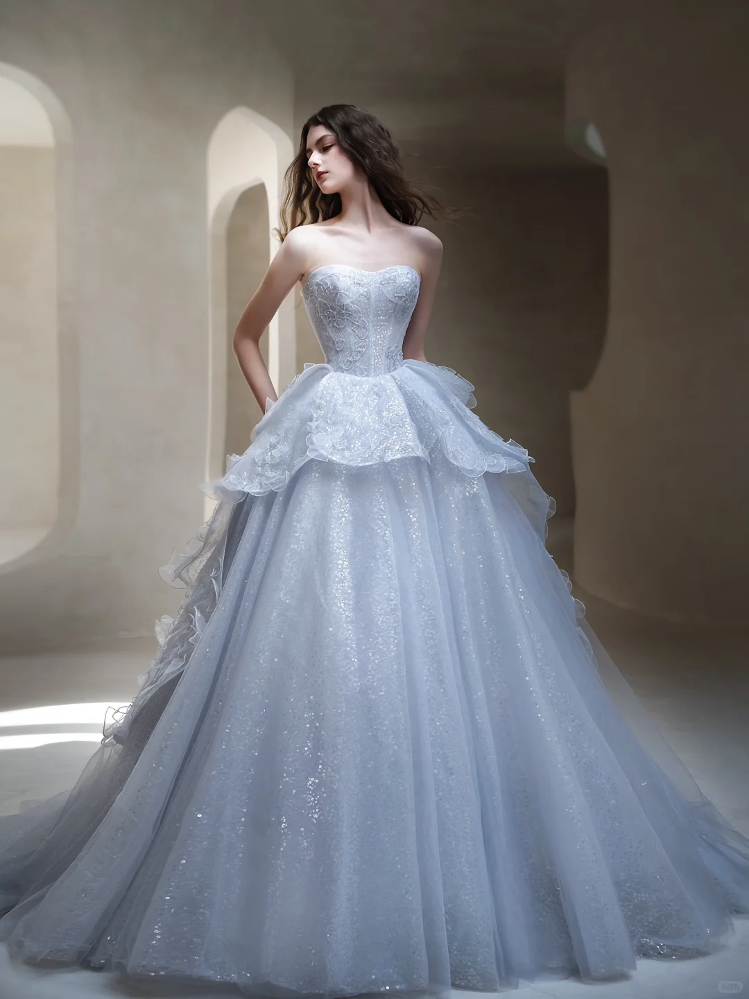 Light Blue Ball Gown Strapless Sequin Layered Long Prom Dress Evening Dress Formal Gown DP3434