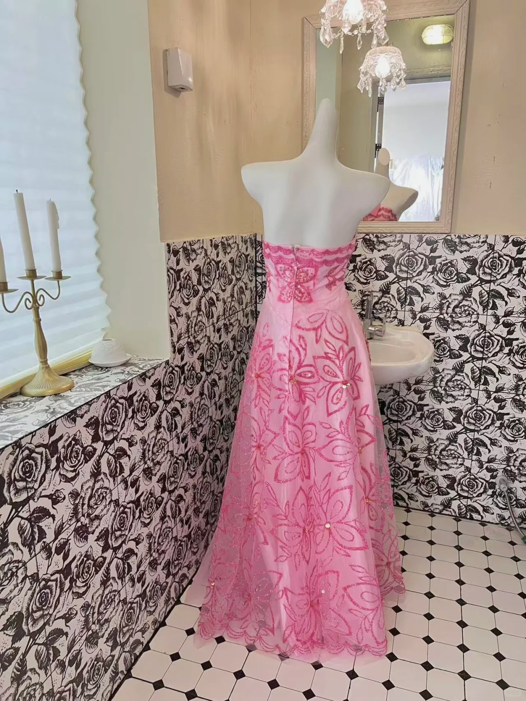 Barbie Pink A Line Strapless Exquisite Beaded Sequin Tulle Long Prom Dress Formal Dress DP3329