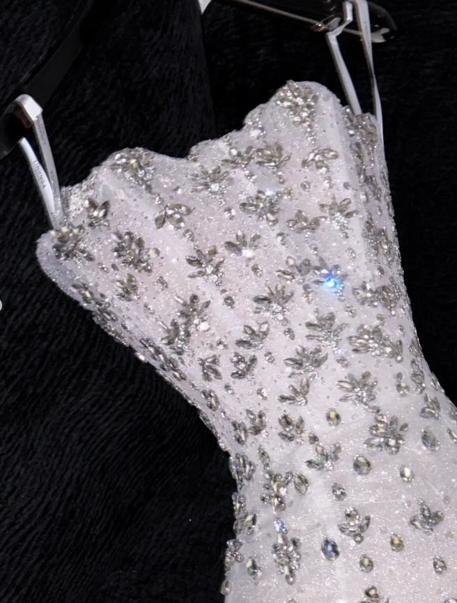 Gorgeous Sheath Strapless Rhinestone White Tulle Prom Dress Evening Dress DP2780