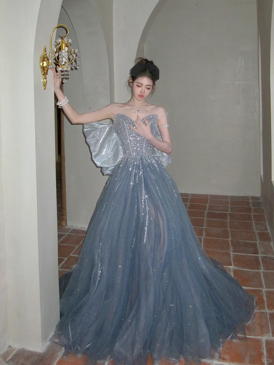 Dreamy A Line Sweetheart Neck Sequin Blue Tulle Long Party Dress Evening Dress with Bow DP2550