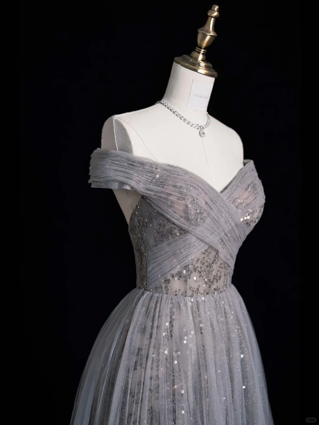 Elegant A Line Off the Shoulder Sequin Grey Tulle Prom Dress Graduation Prom Dress DP2212