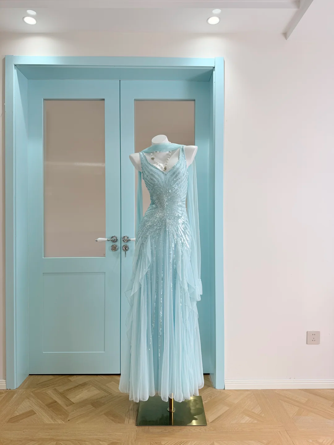 Vintage Baby Blue A Line V Neck Sequin Tulle Prom Dress Evening Dress DP5417