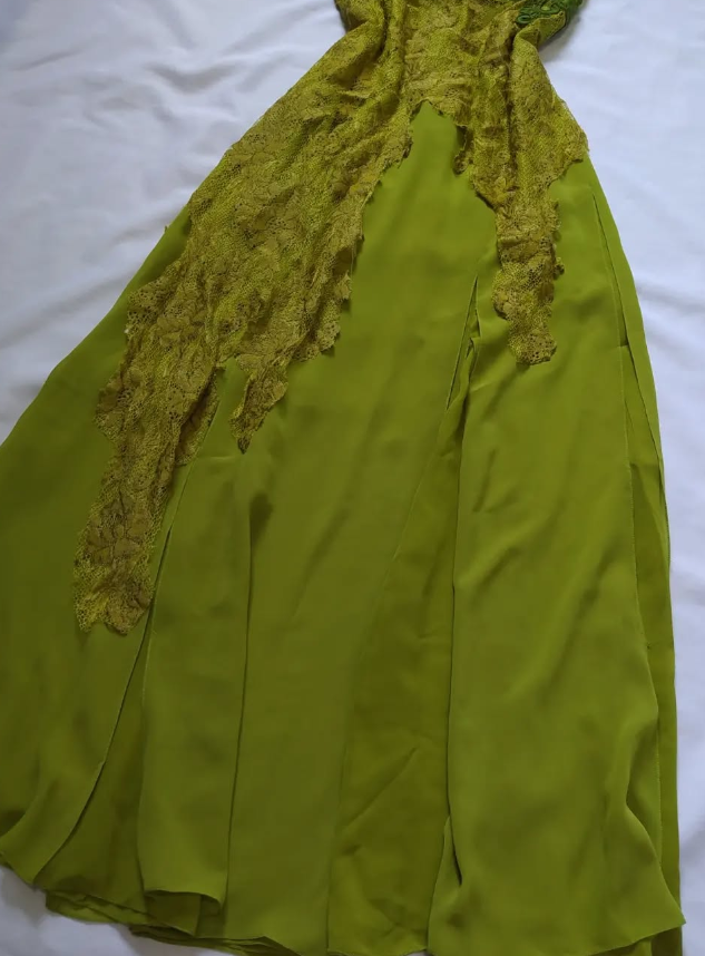 Vintage A Line Spaghetti Strap Lace Green Chiffon Party Dress Evening Dress with Slit DP2368