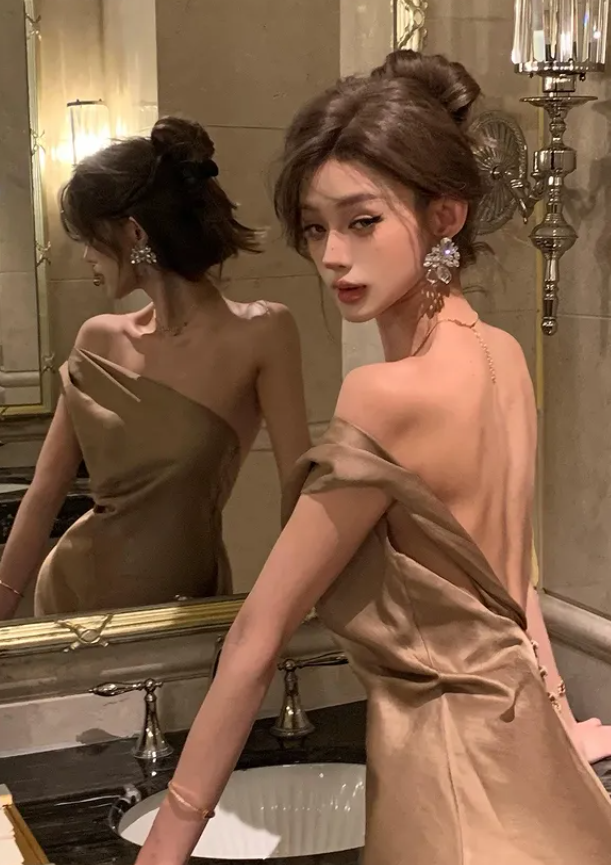 Simple A Line One Shoulder Brown Satin Long Prom Dress Evening Dress DP4262