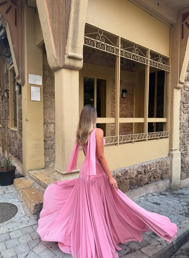 Pink A Line Strapless Pleated Chiffon Long Prom Dress Party Dress Wedding Guest Dress DP4112