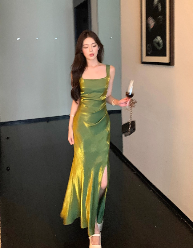 Stunning Green Mermaid Straps Pleated Satin Prom Dress Formal Dress Evening Dress DP3453