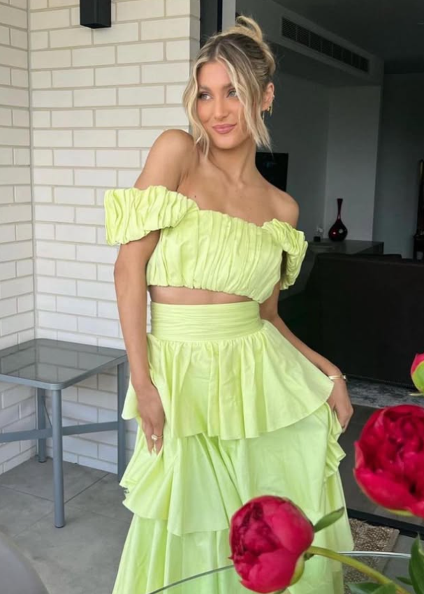 Two Piece A Line Off the Shoulder Layered Satin Long Prom Dress Outfits DP1283