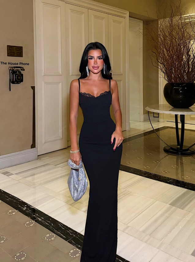 Charming Black Sheath Spaghetti Strap Satin Long Prom Dress Party Dress DP8224