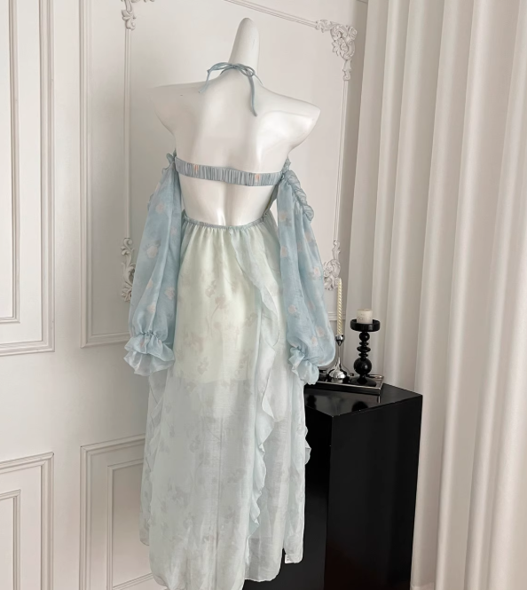 Flowy Blue A Line Halter Ruffle Chiffon Vacation Dress Homecoming Dress Outfits DP3546