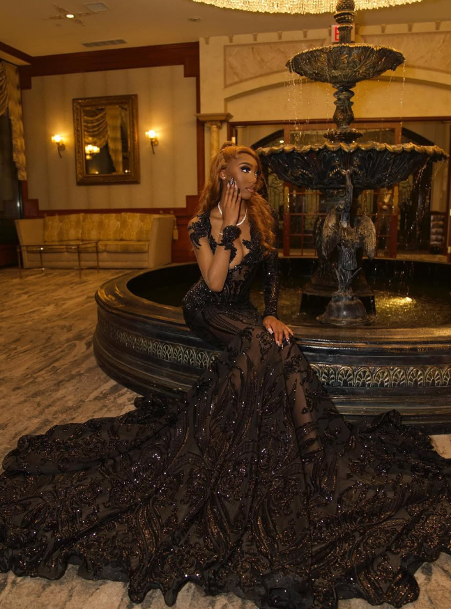 Gorgeous Mermaid Long Sleeve Black Sequin Long Sweep Prom Dress Evening Dress DP1845