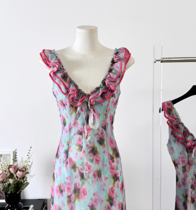 Gentle A Line V Neck Print Floral Chiffon Vacation Dress Prom Dress Outfits DP3554
