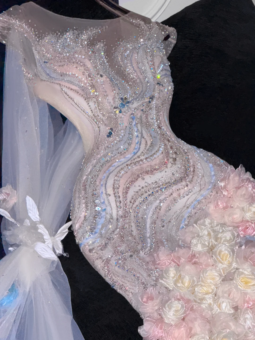 Stunning Mermaid Round Neck Rhinestone Flower Tulle Prom Dress Party Dress DP2681