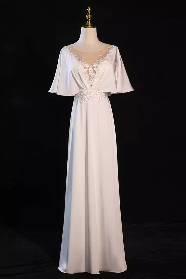 Sexy V Neck Short Sleeves Lace White Long Prom Dress DP058