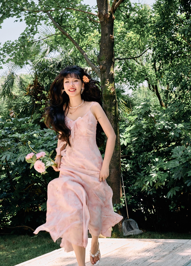 Pink Floral Mermaid Spaghetti Strap Ruffle Chiffon Prom Dress Vacation Dress Outfits DP3651