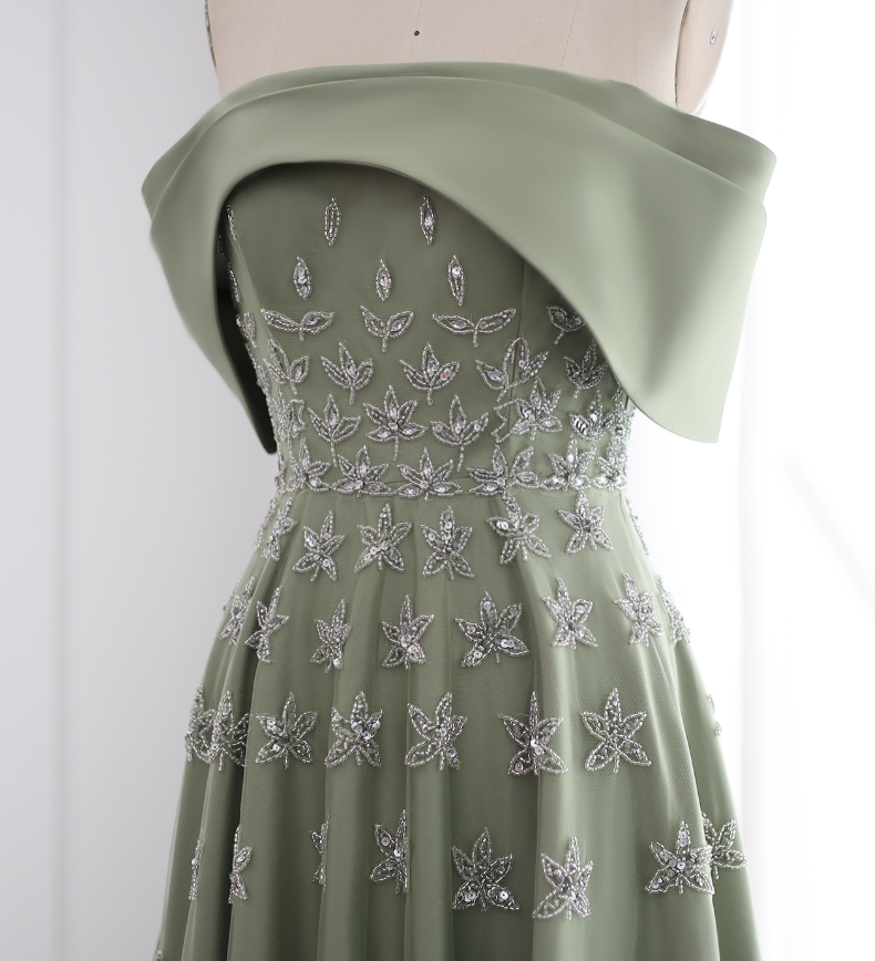 Elegant A Line Off the Shoulder Beaded Green Satin Prom Dress Evening Dress DP1904