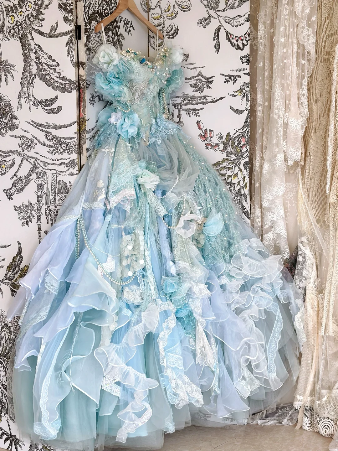 Unique Blue Ball Gown Off the Shoulder Floral Exquisite Beaded Tulle Prom Dress DP3820