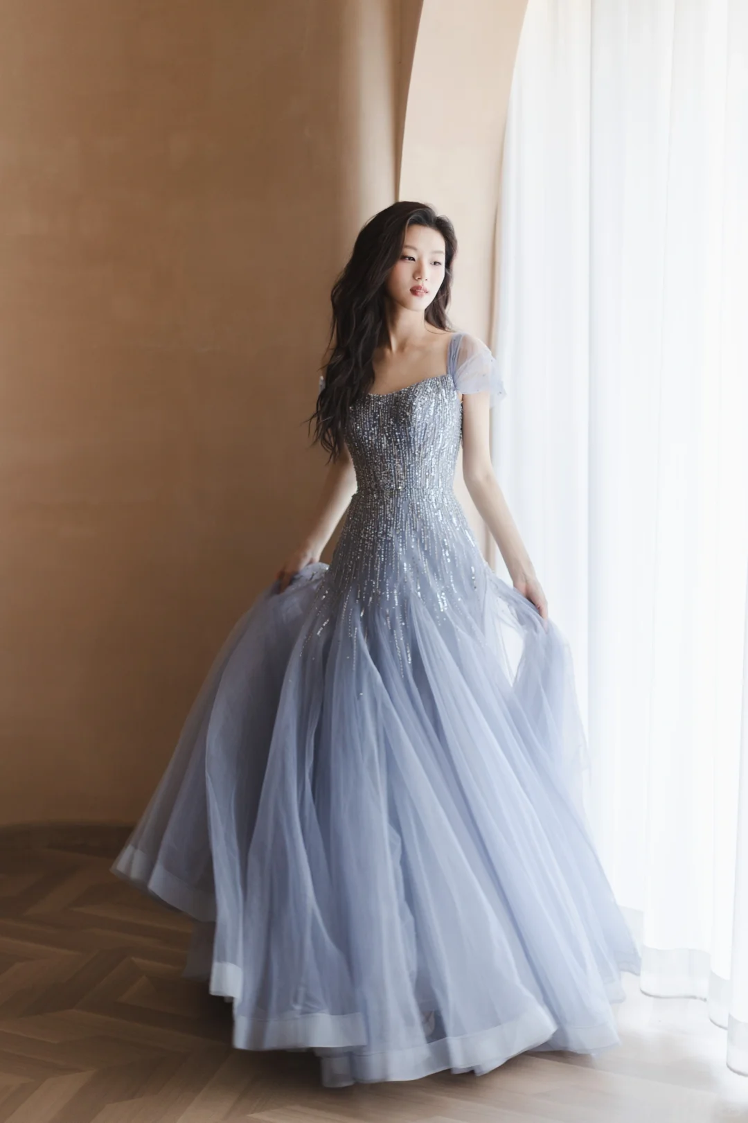 Gentle Blue A Line Off the Shoulder Sequin Beaded Tulle Long Prom Dress Formal Dress DP3336