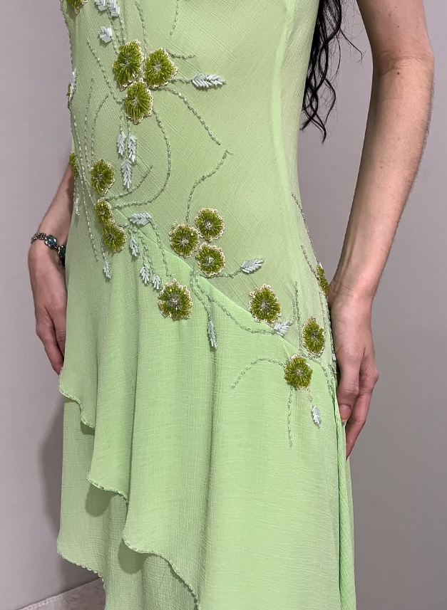 Vintage A Line Spaghetti Strap Beaded Green Chiffon Open Back Prom Dress Evening Dress DP2138