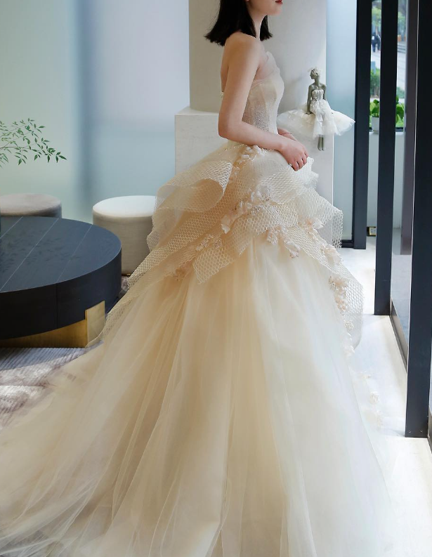 Luxury Ball Gown Strapless Champagne Tulle Long Wedding Dress DP1563
