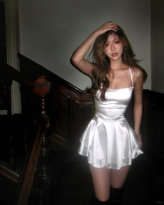Simple A Line Spaghetti Strap White Satin Short Homecoming Dress Cocktail Dress DP2463