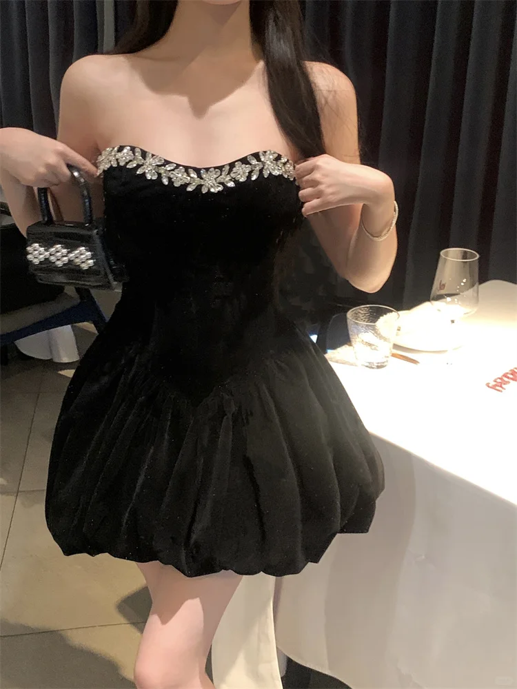 Stunning A Line Strapless Rhinestone Black Velvet Short Homecoming Dress Cocktail Dress DP2676