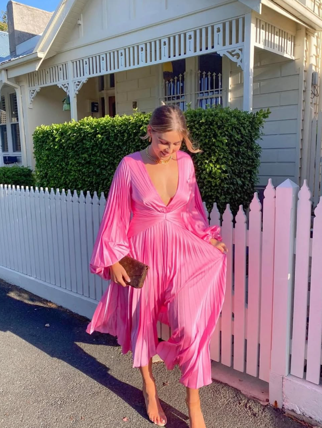 Hot Pink A Line V Neck Long Sleeve Satin Prom Dress Evening Dress DP1592