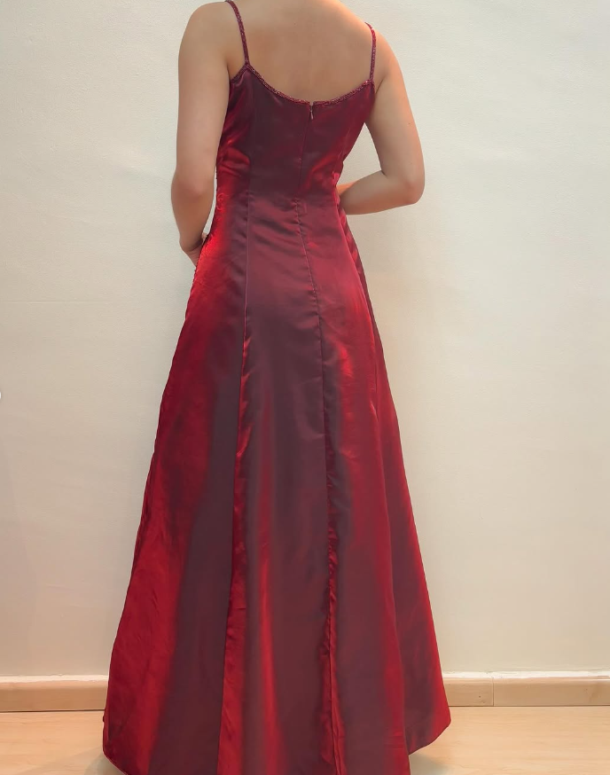 Vintage A Line Spaghetti Strap Beaded Burgundy Satin Long Prom Dress Evening Dress DP1789