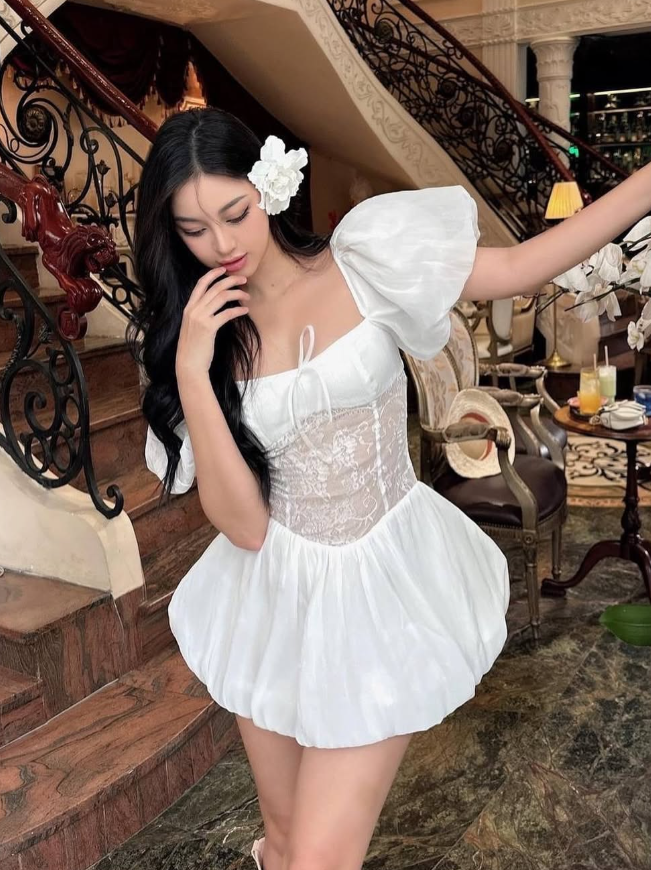 Cute Puff White Lace Satin Short Homecoming Dress Date Dress DP2956
