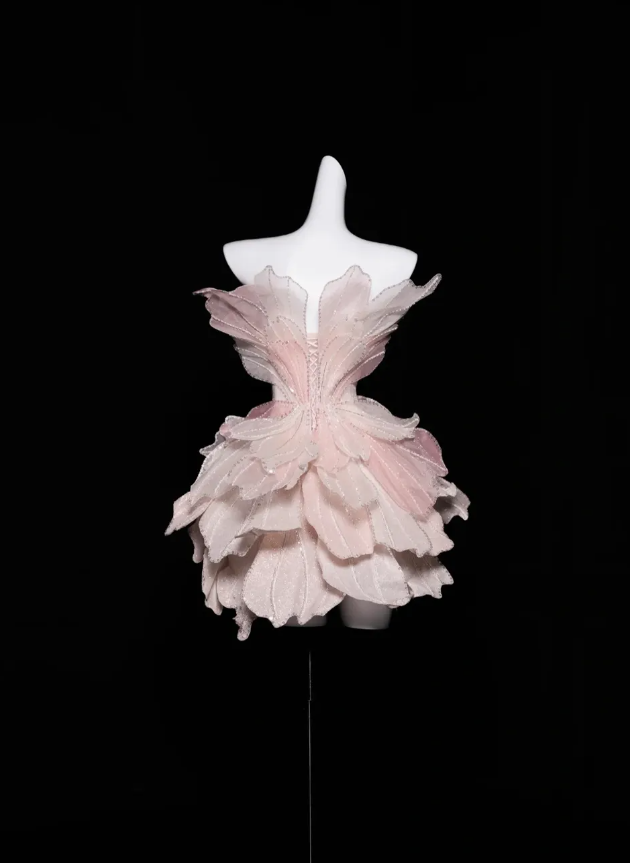 Pink Flower A Line Strapless Tiered Beaded Tulle Prom Dress Graduation Prom Dress DP1978