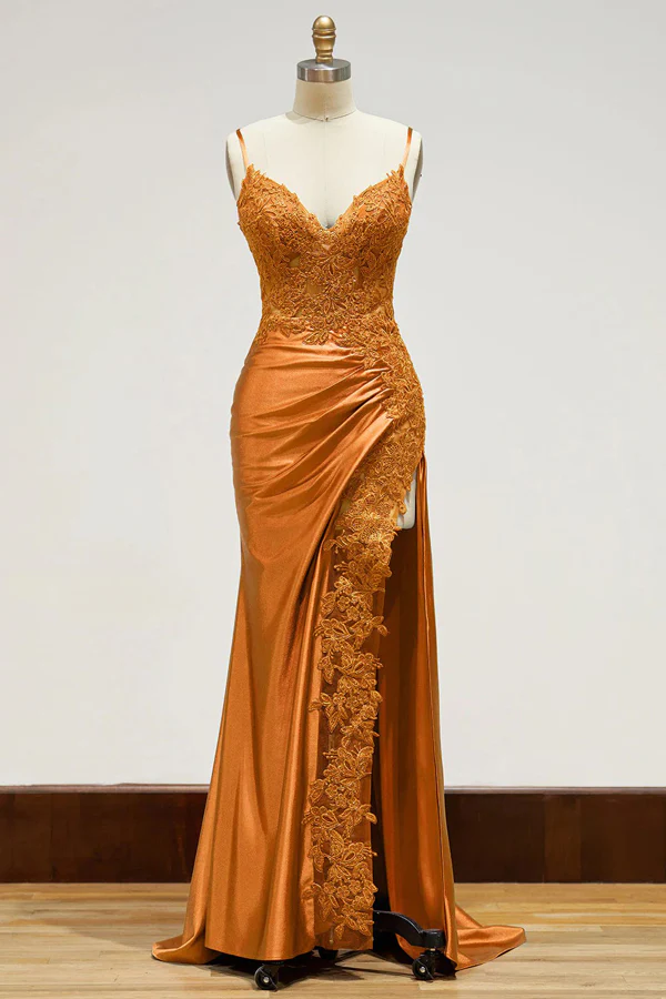 Elegant Spaghetti Straps Prom Dress Black Satin Sheath Appliques Long Formal Evening with Slits DP2125