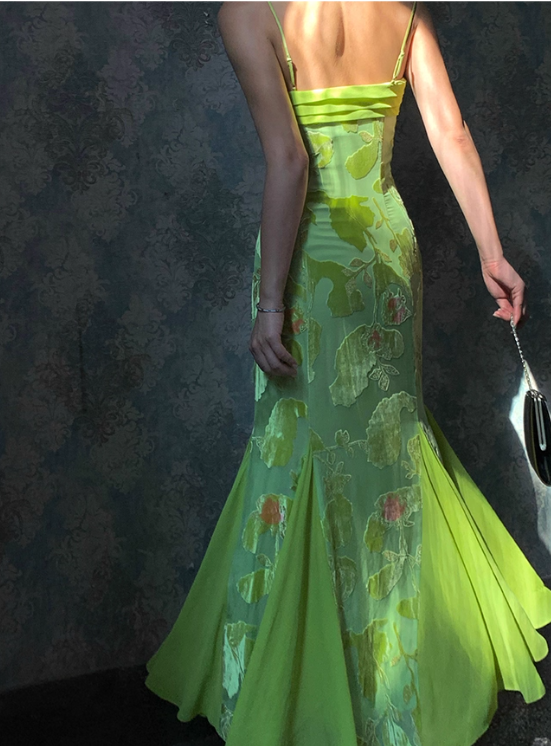 Stunning Green Mermaid Spaghetti Strap Print Floral Satin Chiffon Prom Dress Outfits DP3581