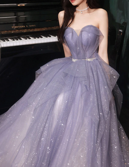 Purple A Line Off the Shoulder Sequin Tulle Long Prom Dress Evening Dress DP2022