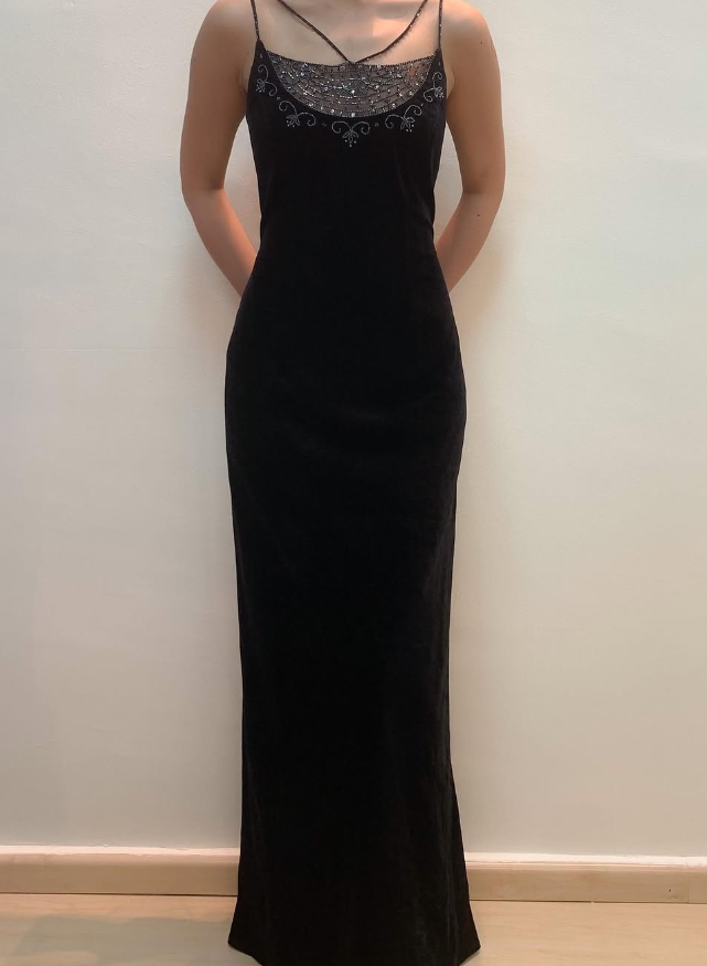 Vintage Sheath Spaghetti Strap Beaded Black Velvet Prom Dress Evening Dress DP1617