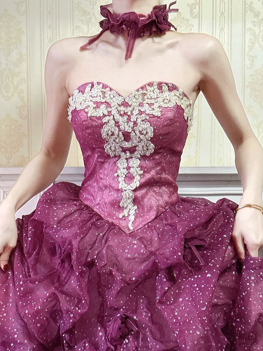 Vintage Purple Sequin Layered Tulle Lace Appliques Prom Dress Party Evening Dress DP5350